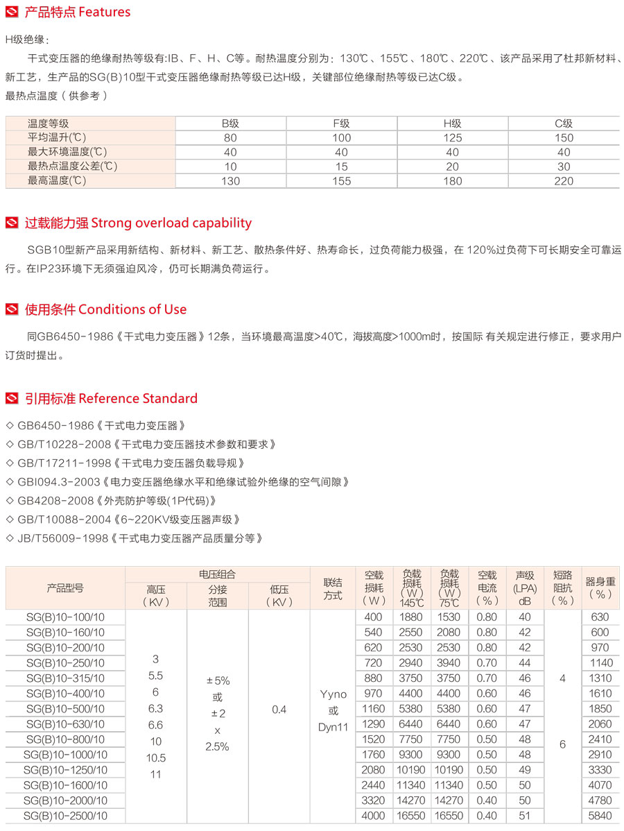 SGB10-10KV干式浇注变压器产品特点